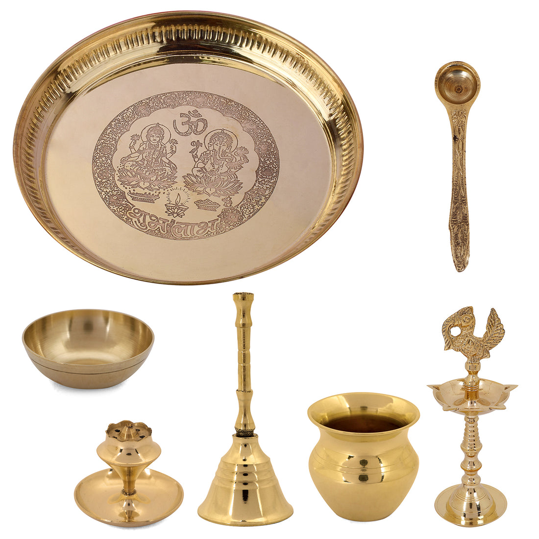 7 Piece Brass Laxmi Ganesh Pooja Thali Set (9 Inch) Design 3