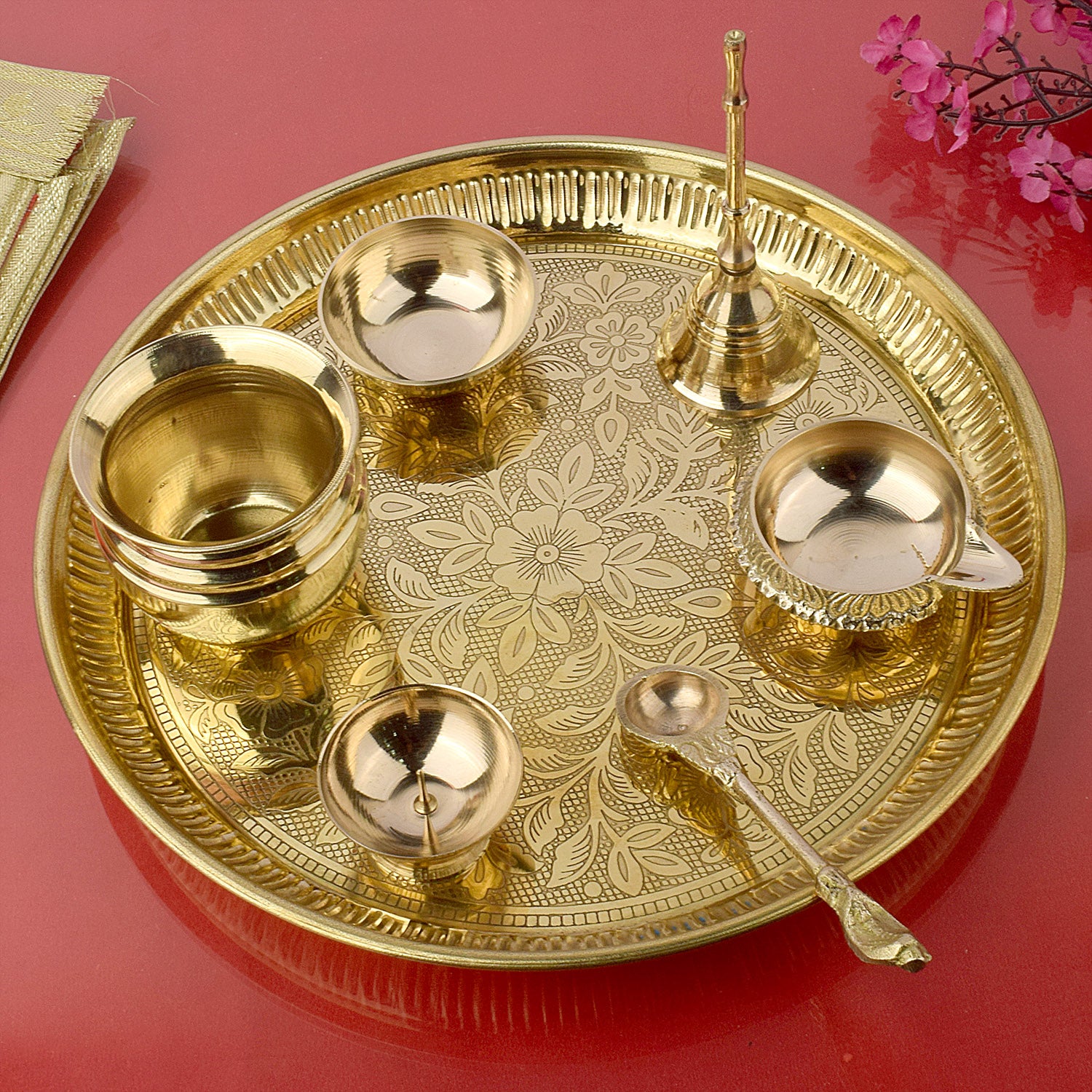 7 Piece Brass Designer Pooja Thali Set (9 Inch) Design 7
