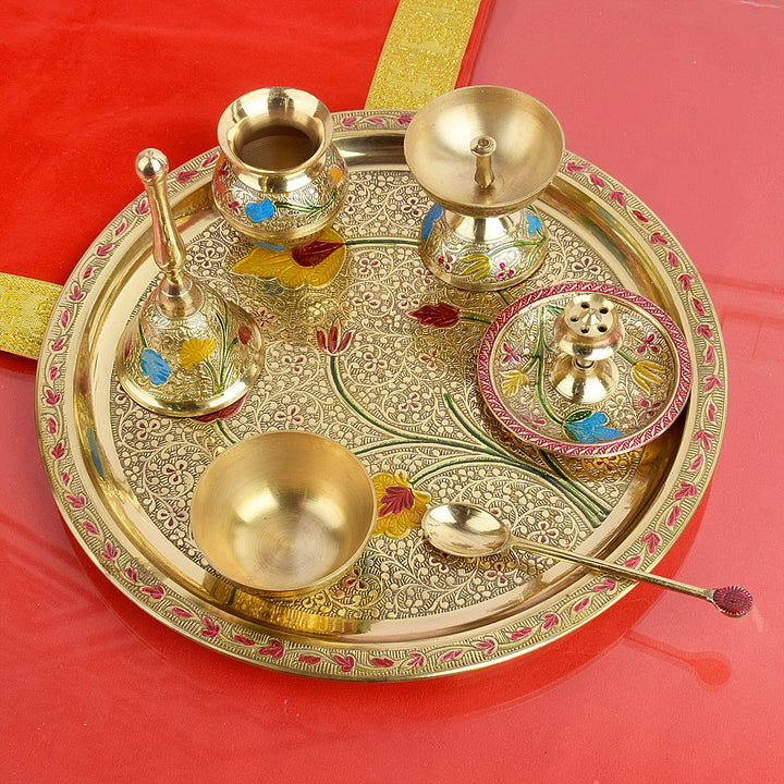 Buy 7 Pc Brass Puja Thali Set with Premium Velvet Box