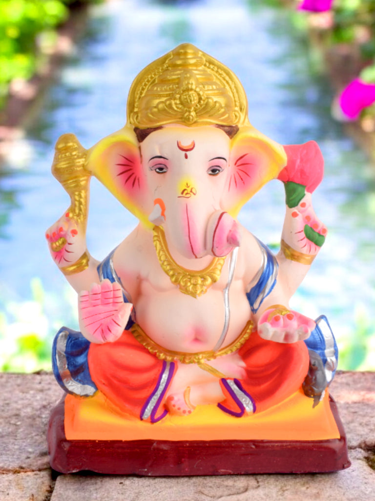 10.2-inch handcrafted Dagdusheth-style eco-friendly Ganesha idol made from shadu mati, ideal for traditional Ganesh Chaturthi celebrations. India’s Largest Pooja Accessories Brand – www.satvikstore.in