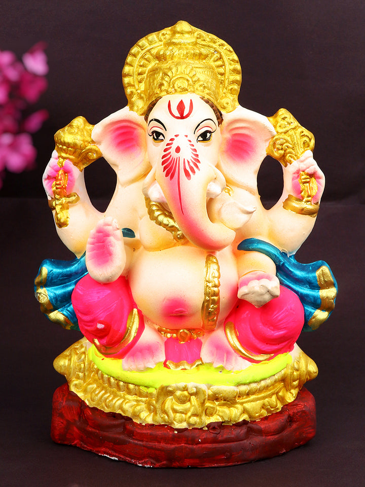Eco-friendly 7.5 Inch Devendrashika Ganpati idol handcrafted from natural clay, seated peacefully in Padmasana pose with intricate detailing. India’s Largest Pooja Accessories Brand – www.satvikstore.in