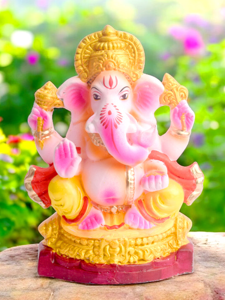 7.5 Inch Devendrashika Eco-Friendly Ganesha Idol made of Shadu Mati, seated in Padmasana pose, ideal for Ganesh Chaturthi celebrations. India’s Largest Pooja Accessories Brand – www.satvikstore.in