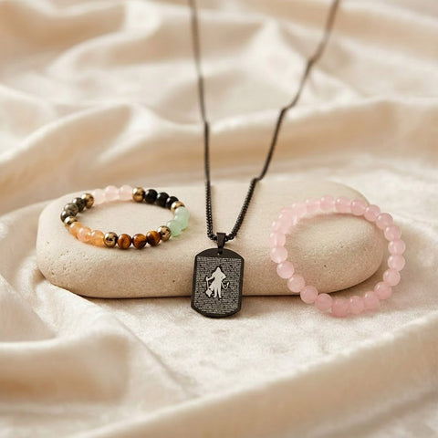 Dhan Yog & Rose Quartz Bracelet Combo with Hanuman Chalisa Pendant | Wealth, Love & Spiritual Protection