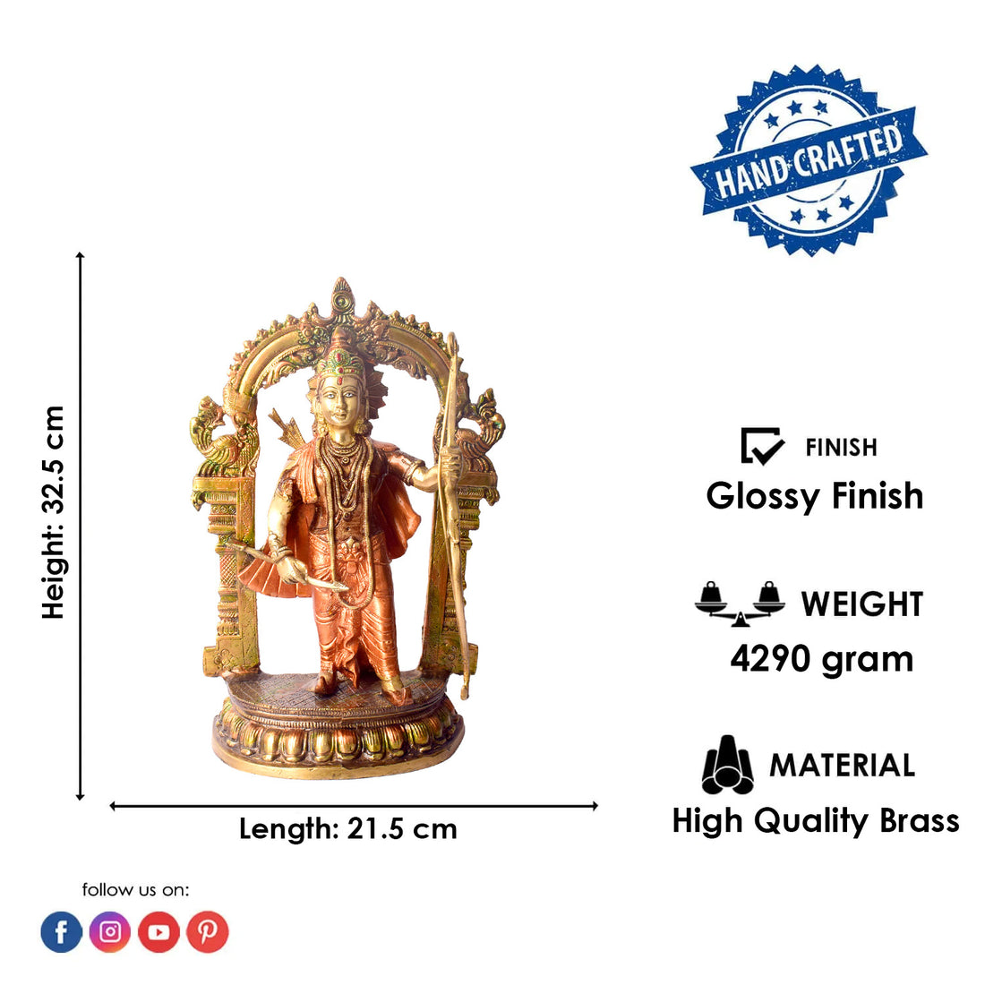 This Brass Ram Statue is a stunning symbol of strength, grace, and resilience. Expertly crafted from high-quality brass, the statue captures the powerful yet serene essence of the Ram, embodying both courage and elegance. Perfect for home temples, living spaces, or as a meaningful gift, this statue brings a sense of divine energy and positive vibes into any room.
