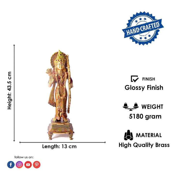 This Opulent Brass Colorful Ram Statue with Bow is a stunning representation of strength, grace, and devotion. Expertly crafted from high-quality brass and adorned with vibrant colors, the statue beautifully depicts Lord Ram in an active pose with his bow, symbolizing courage and righteousness.