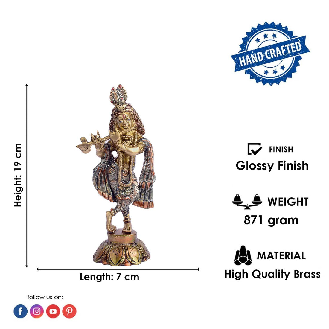 7.5 Inch Lord Krishna Brass Idol | Kanha Brass Murti