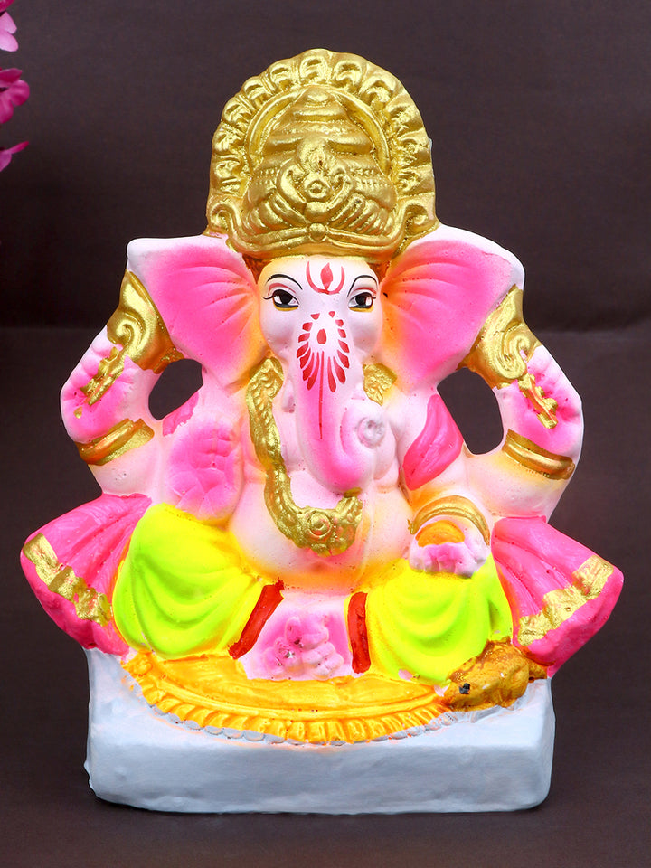 6.5 Inch Eco-Friendly Ganesha Idol seated in Siddhasana Pose, crafted from natural Shadu Mati clay with vibrant colors, perfect for Ganesh Chaturthi celebrations. India’s Largest Pooja Accessories Brand – www.satvikstore.in