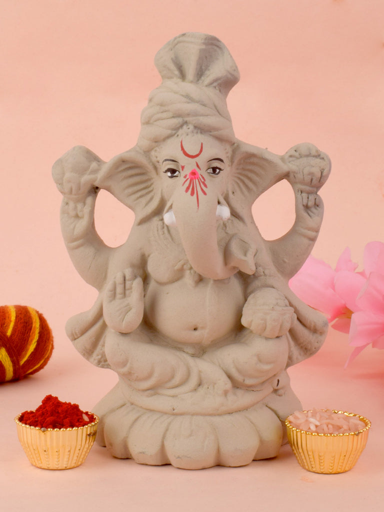 6.2 Inch Eco-Friendly Kamal Ganesha Idol seated on a lotus, crafted from biodegradable clay for sustainable worship. India’s Largest Pooja Accessories Brand – www.satvikstore.in