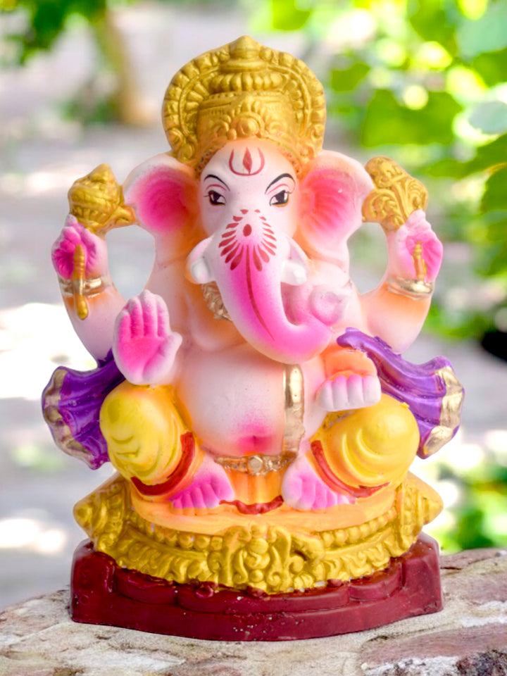 Eco-friendly 7.5 Inch Devendrashika Ganapati idol seated in Padmasana pose, handcrafted from Shadu Mati clay for Ganesh Chaturthi 2025. India’s Largest Pooja Accessories Brand – www.satvikstore.in