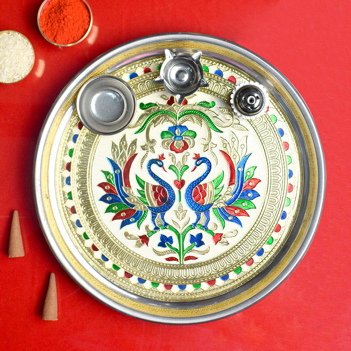 Elegant stainless steel aarti thali set with divine printed design, perfect for pooja rituals and spiritual ceremonies India’s Largest Pooja Accessories Brand – www.satvikstore.in