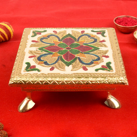 Elegantly Crafted Wooden Chowki with Enchanting Meenakari and Floral Embellishments