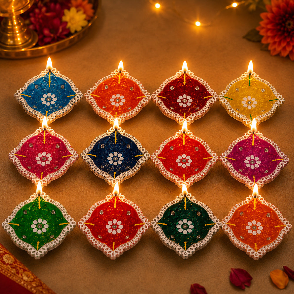 12 Pack Handcrafted Multicolor Diamond Clay Diyas