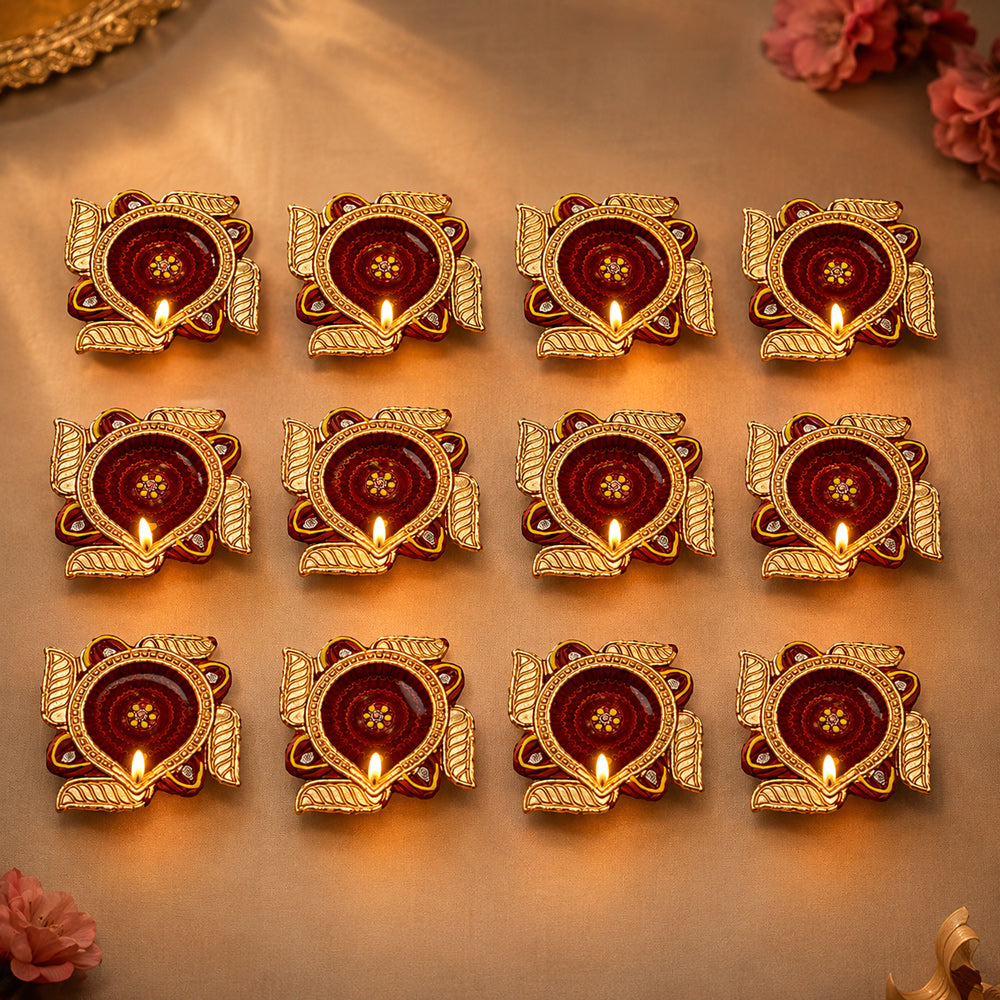 12 Pcs Premium Decorative Maroon Diwali Diyas