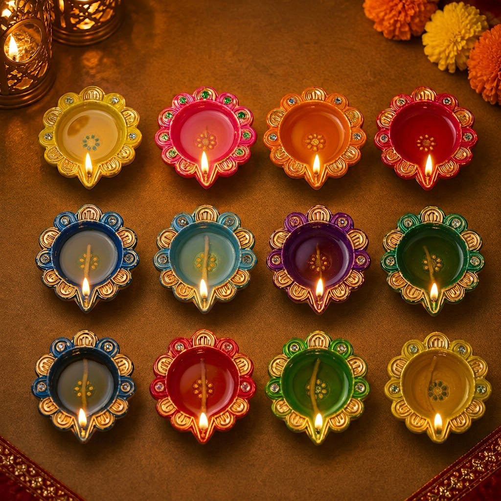 12 Pcs Handcrafted Floral Scalloped Diwali Clay Diyas