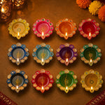 12 Pcs Handcrafted Floral Scalloped Diwali Clay Diyas