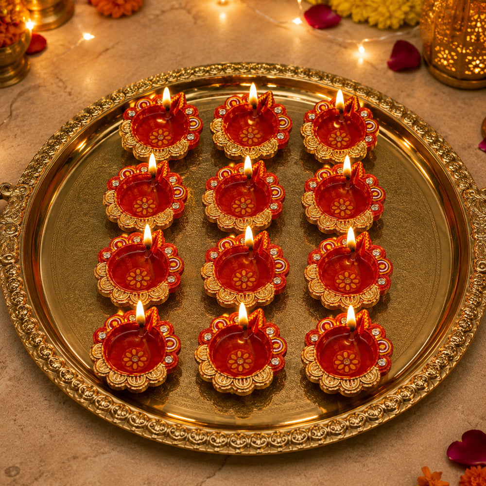 12 Pcs Handcrafted Red & Gold Earthen Diwali Clay Diyas