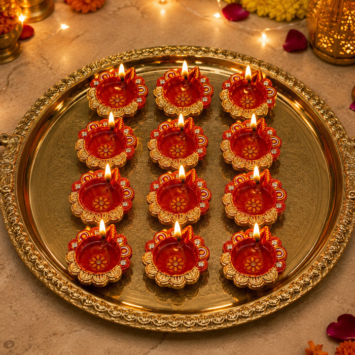 12 Pcs Handcrafted Red & Gold Earthen Diwali Clay Diyas