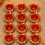 12 Pcs Handcrafted Red & Gold Earthen Diwali Clay Diyas