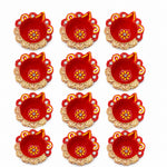 12 Pcs Handcrafted Red & Gold Earthen Diwali Clay Diyas