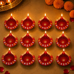 12 Pcs Yellow Stripes Traditional Red & Gold Clay Diyas