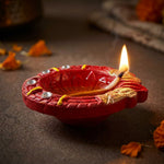 12 Pcs Yellow Stripes Traditional Red & Gold Clay Diyas