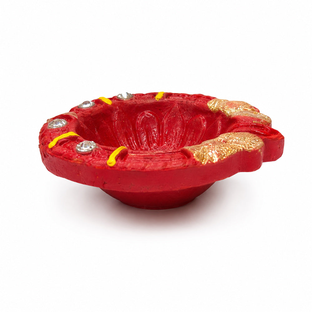 12 Pcs Yellow Stripes Traditional Red & Gold Clay Diyas