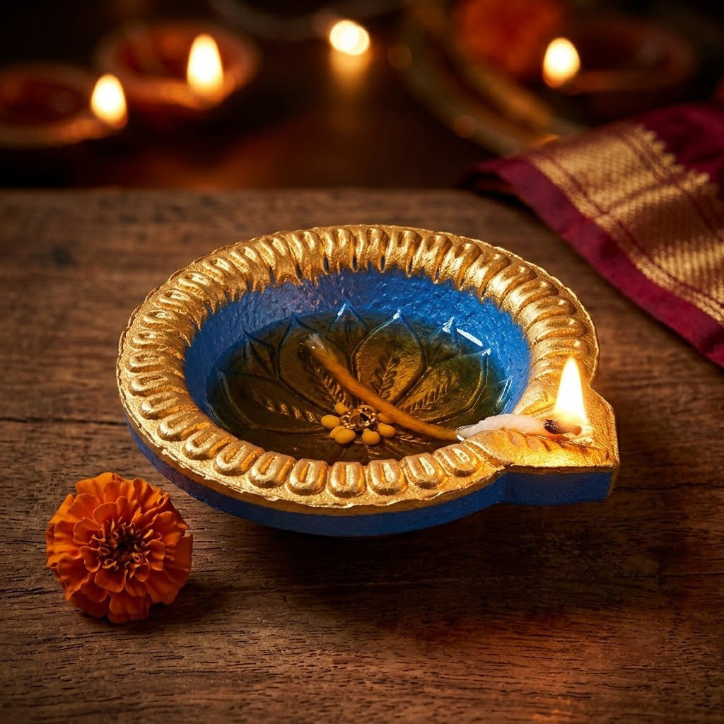 12 Pcs Leaf Spout & Pearl Center Hand-Painted Clay Diyas