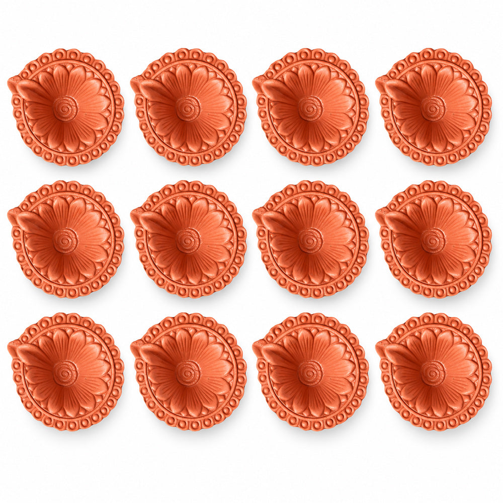 12 Pcs Handmade Flower-Carved Scalloped Clay Diyas
