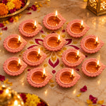 12 Pack Classic Lotus Pattern Earthen Clay Diya