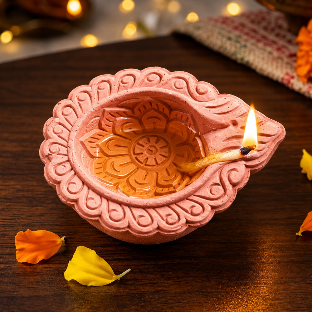 12 Pack Classic Lotus Pattern Earthen Clay Diya