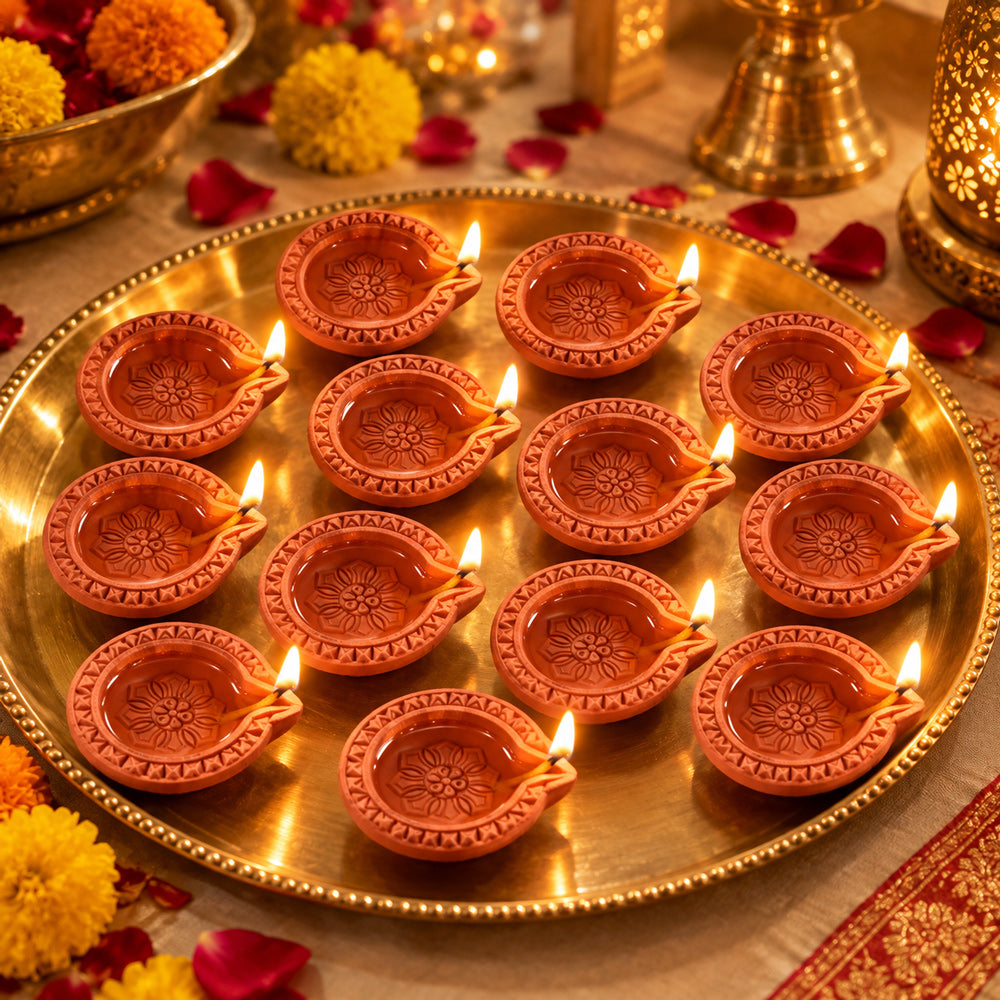 12 Pack Lotus & Mandala Pattern Carved Clay Diyas