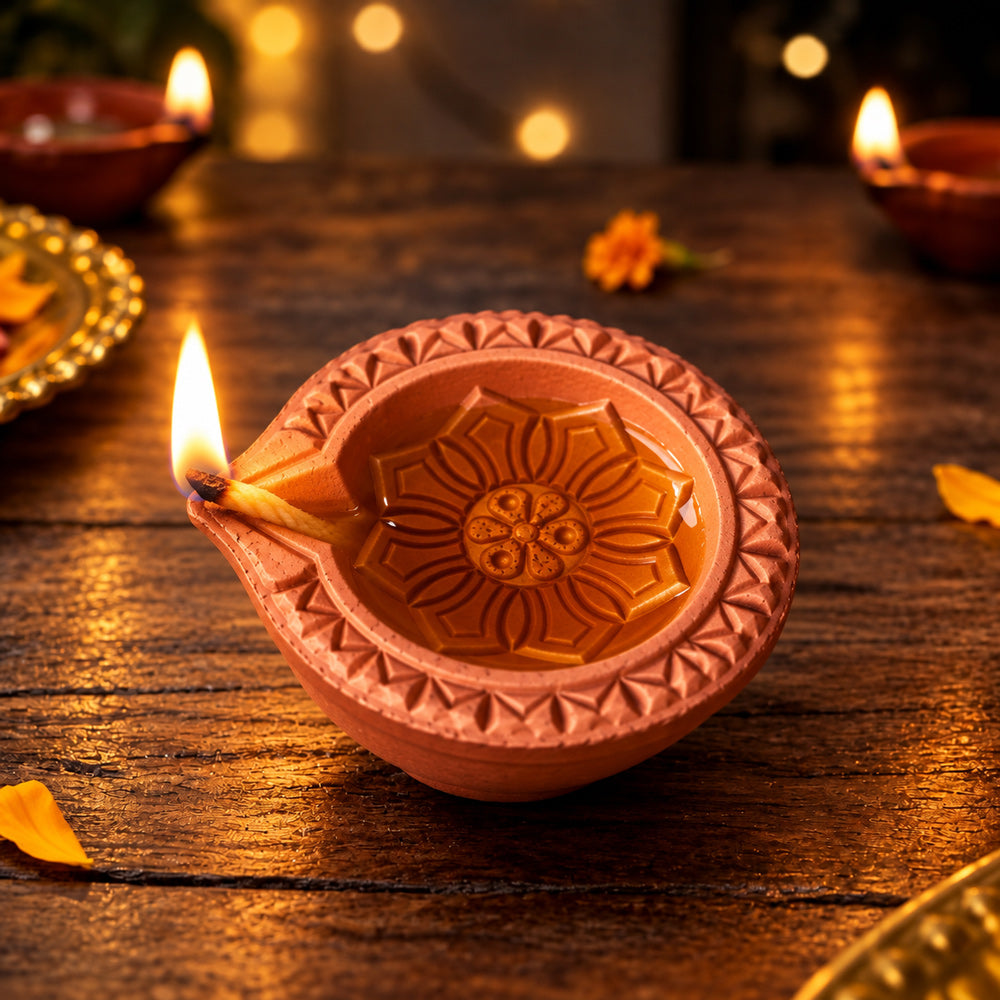 12 Pack Lotus & Mandala Pattern Carved Clay Diyas