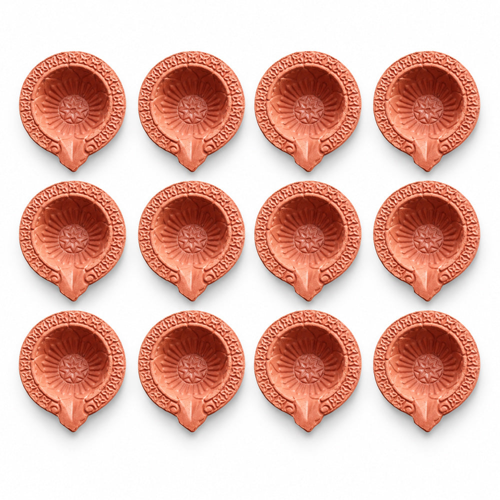 12 Pcs Traditional Clay Diya Set for Diwali Pooja