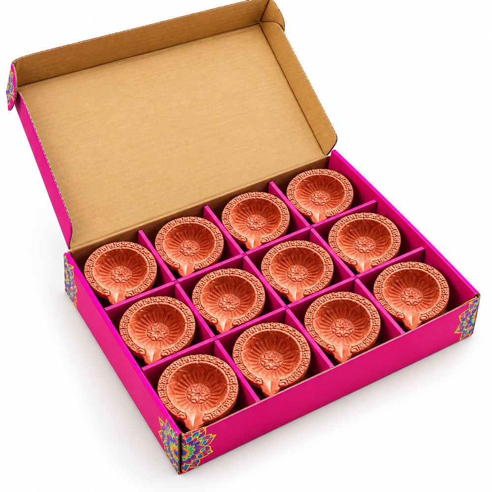 12 Pcs Traditional Clay Diya Set for Diwali Pooja