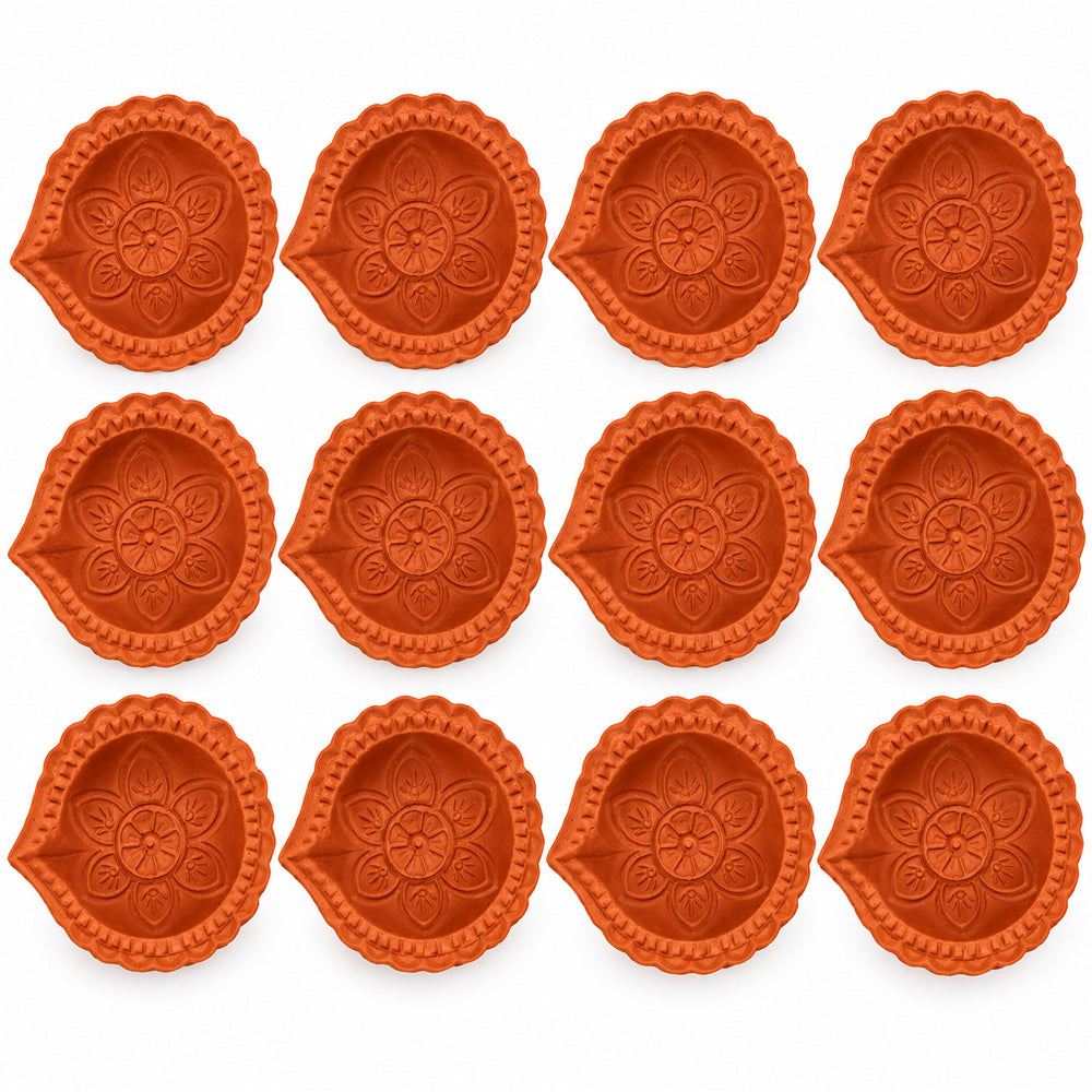 12 Pack Eco-Friendly Carved Terracotta Flower Clay Diyas