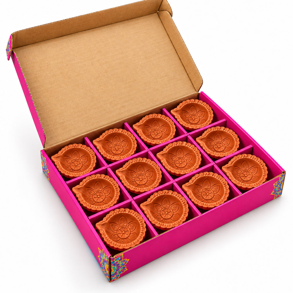 12 Pack Eco-Friendly Carved Terracotta Flower Clay Diyas