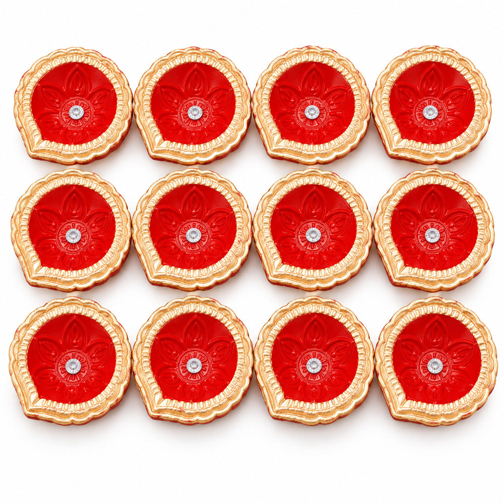 12 Pcs Handcrafted Red & Gold Metallic Designer Clay Diyas