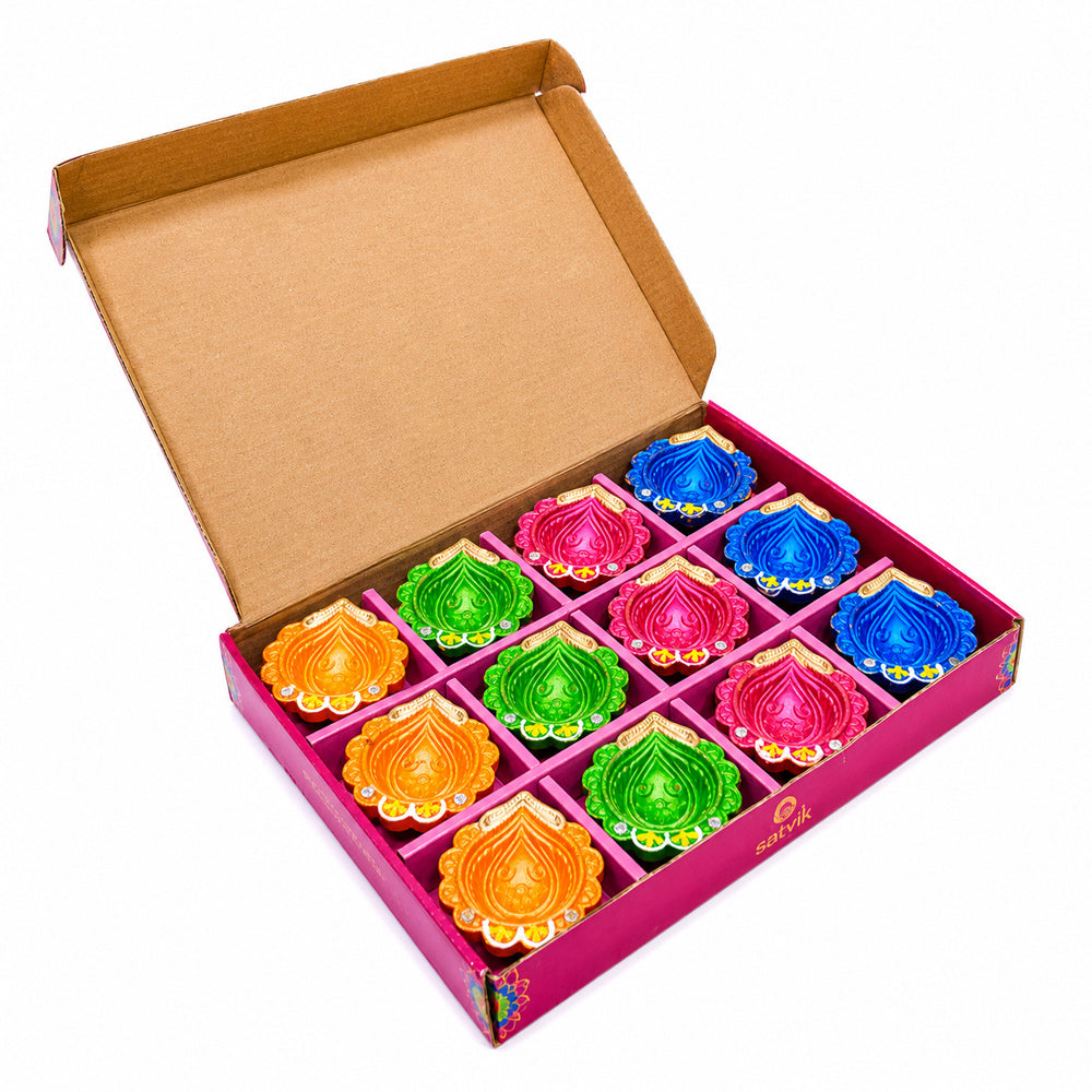 12 Pack Designer Multicolor Golden Crown Spout Clay Diyas