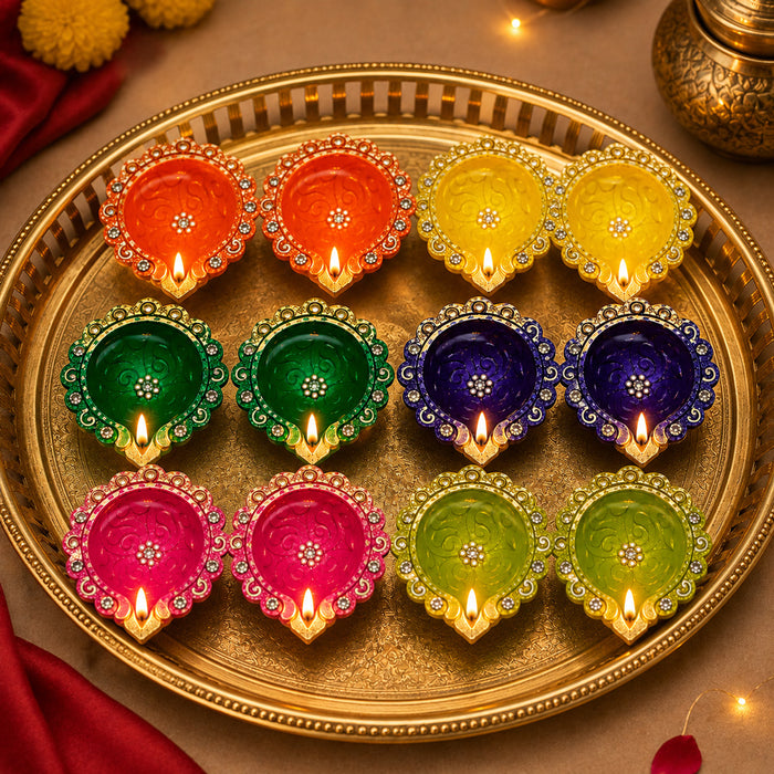 12 Pack Designer Terracotta Decorative Painted Clay Diyas
