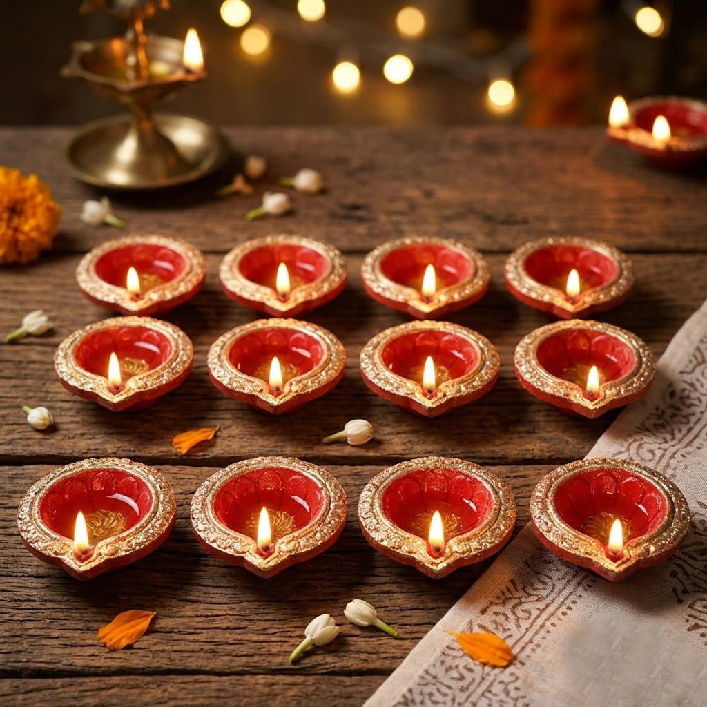 12 Pack Classic Crimson Red & Gold Teardrop Clay Diyas