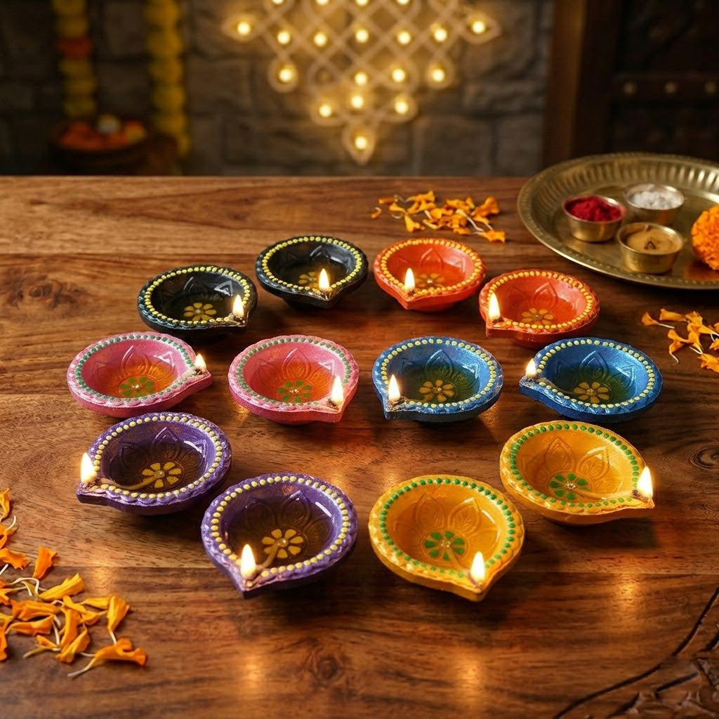 12 Pack Handcrafted Hand-Painted Terracotta Clay Diyas