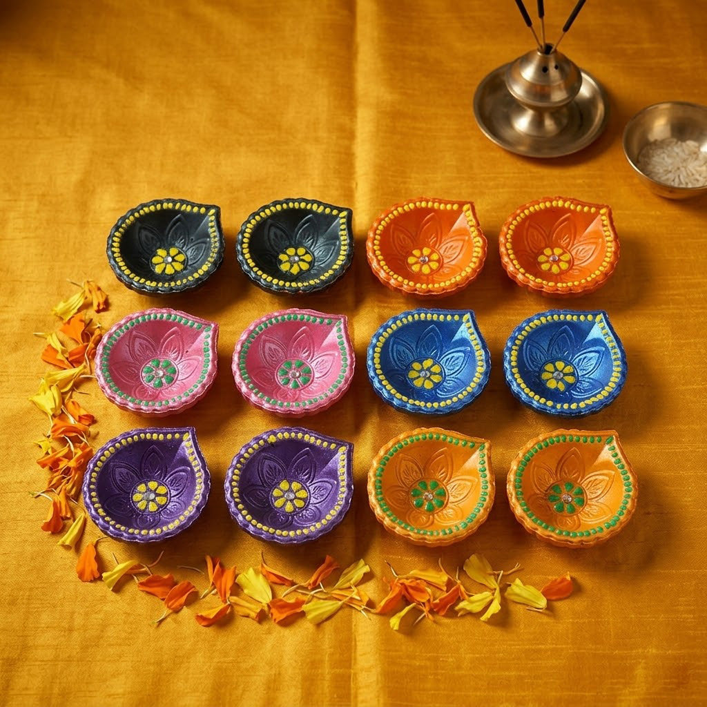 12 Pack Handcrafted Hand-Painted Terracotta Clay Diyas