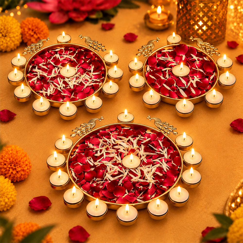 Decorative Brass Peacock Flower Urli with Tea Light (Pack of 3)