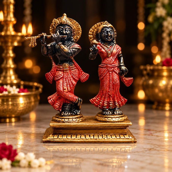 5.9 Inch Handmade Black & Antique Radha Krishna Brass Idol