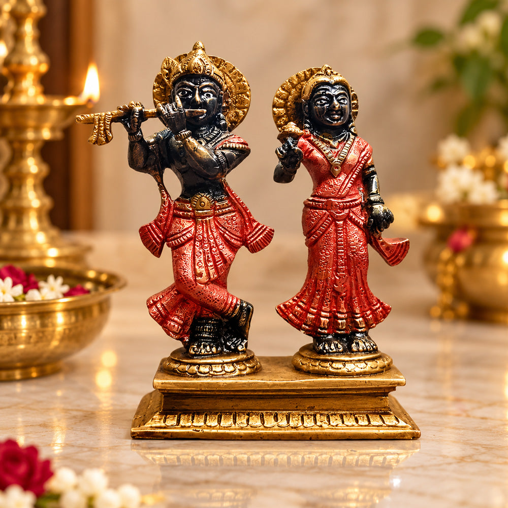 5.9 Inch Handmade Black & Antique Radha Krishna Brass Idol