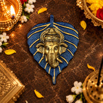 1 Pc Lord Ganesh Face on Leaf Patta Wall Hanging - Blue