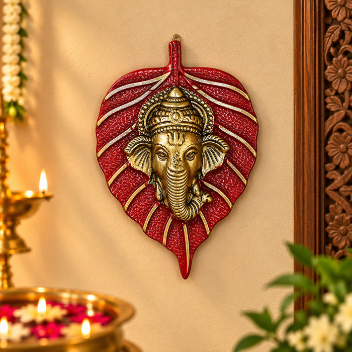 1 Pc Lord Ganesh Face on Leaf Patta Wall Hanging - Red