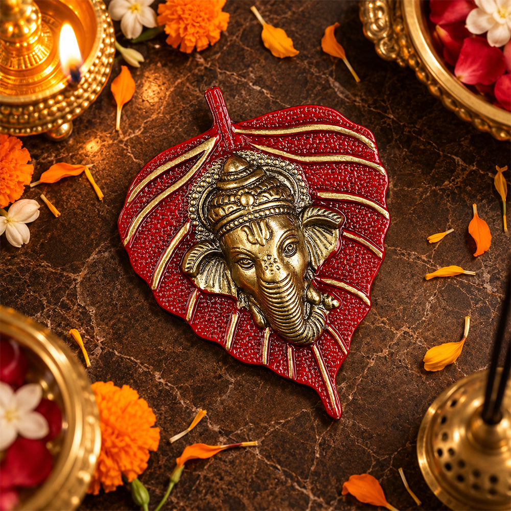 1 Pc Lord Ganesh Face on Leaf Patta Wall Hanging - Red
