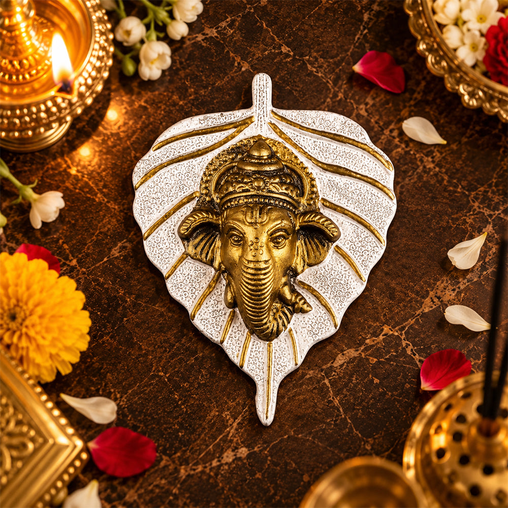 1 Pc Lord Ganesh Face on Leaf Patta Wall Hanging White