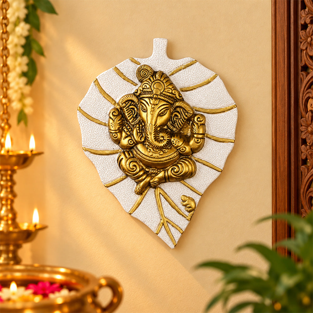Lord Ganesh on Leaf Patta Wall Hanging - White